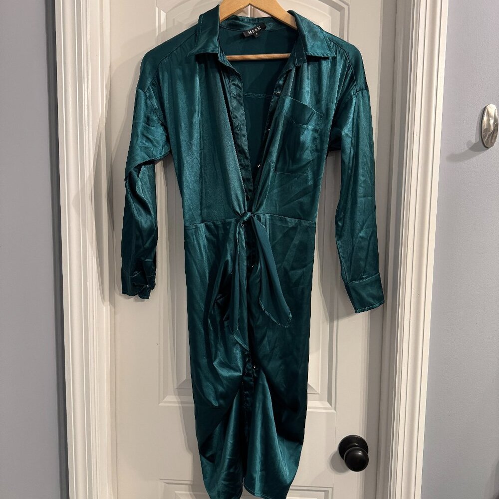Green satin front tie and button dress